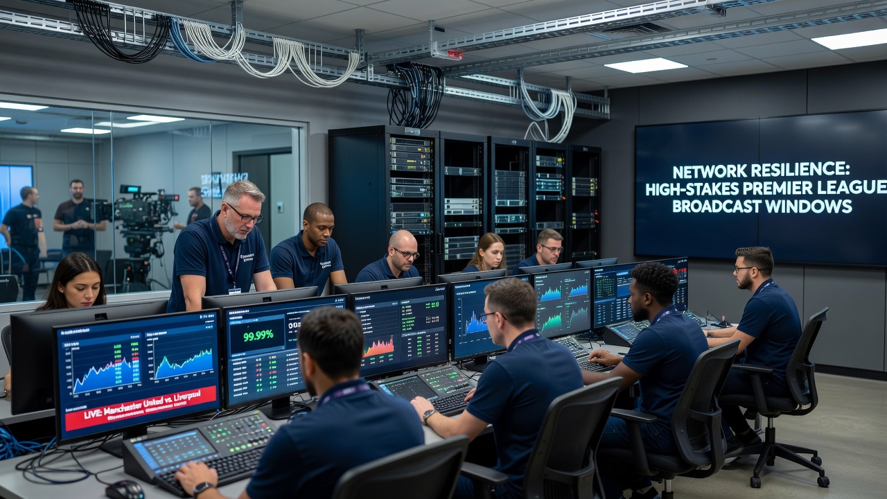 Technicians testing failover systems and satellite backup links for Premier League match transmissions