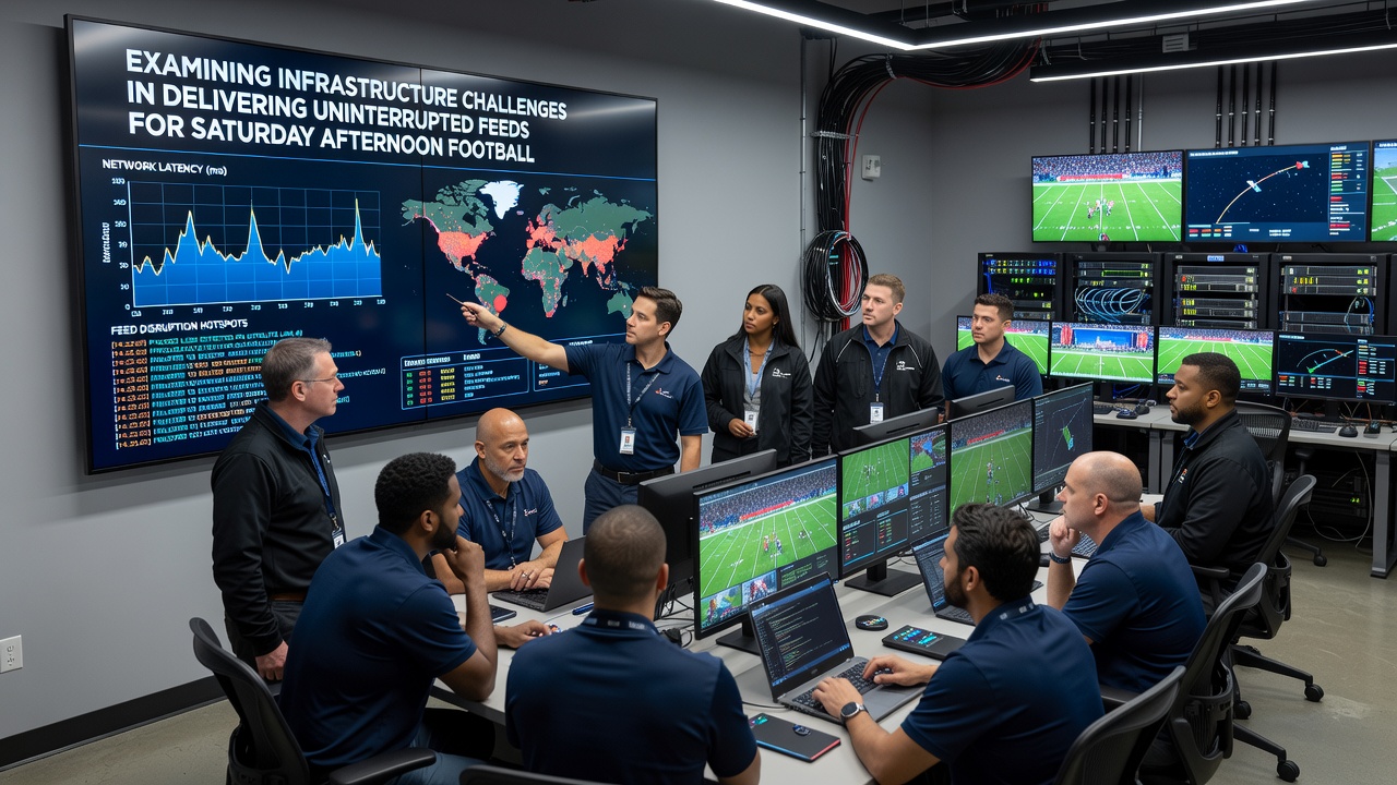 Technicians inspecting satellite uplink equipment used for backup football broadcast feeds
