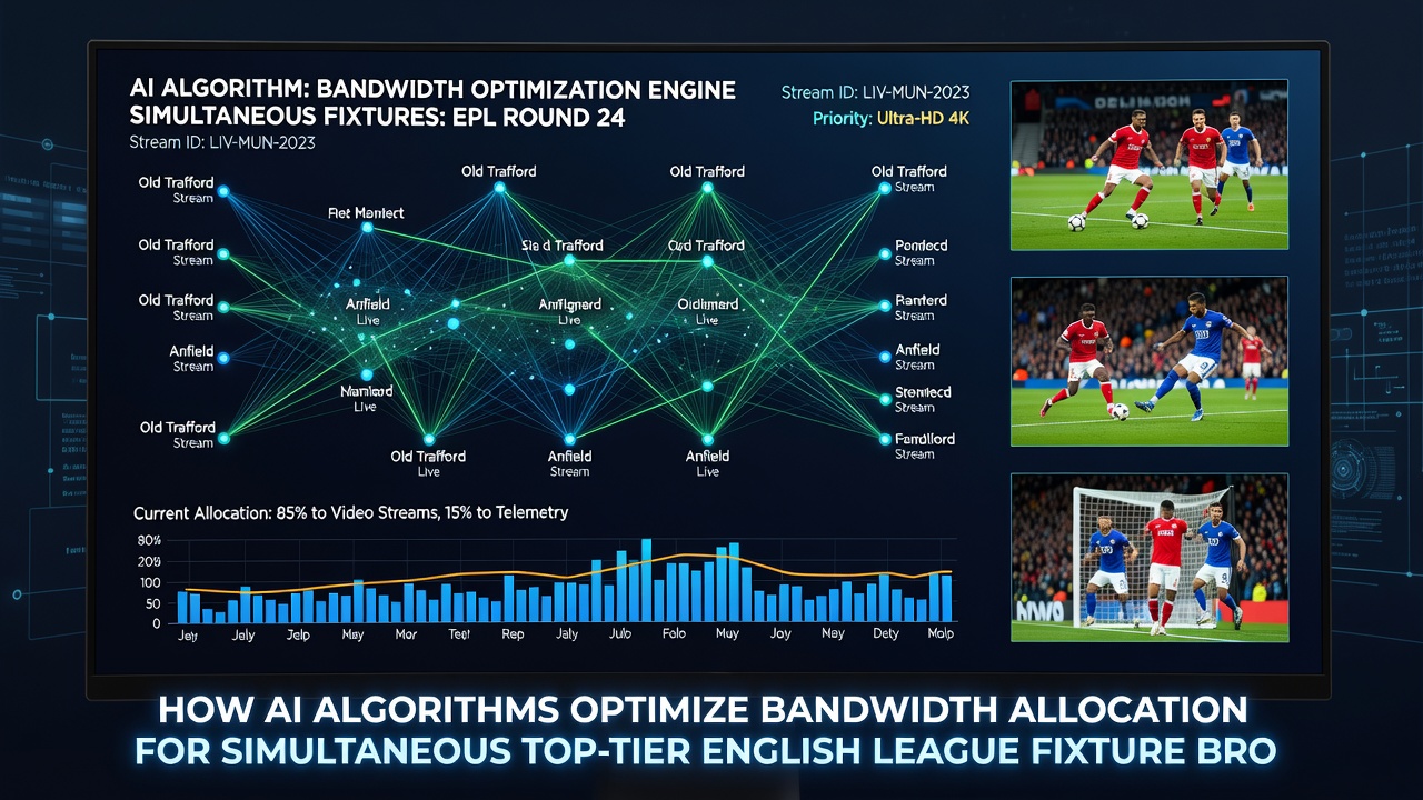Edge computing servers processing AI bandwidth optimization for live English football matches