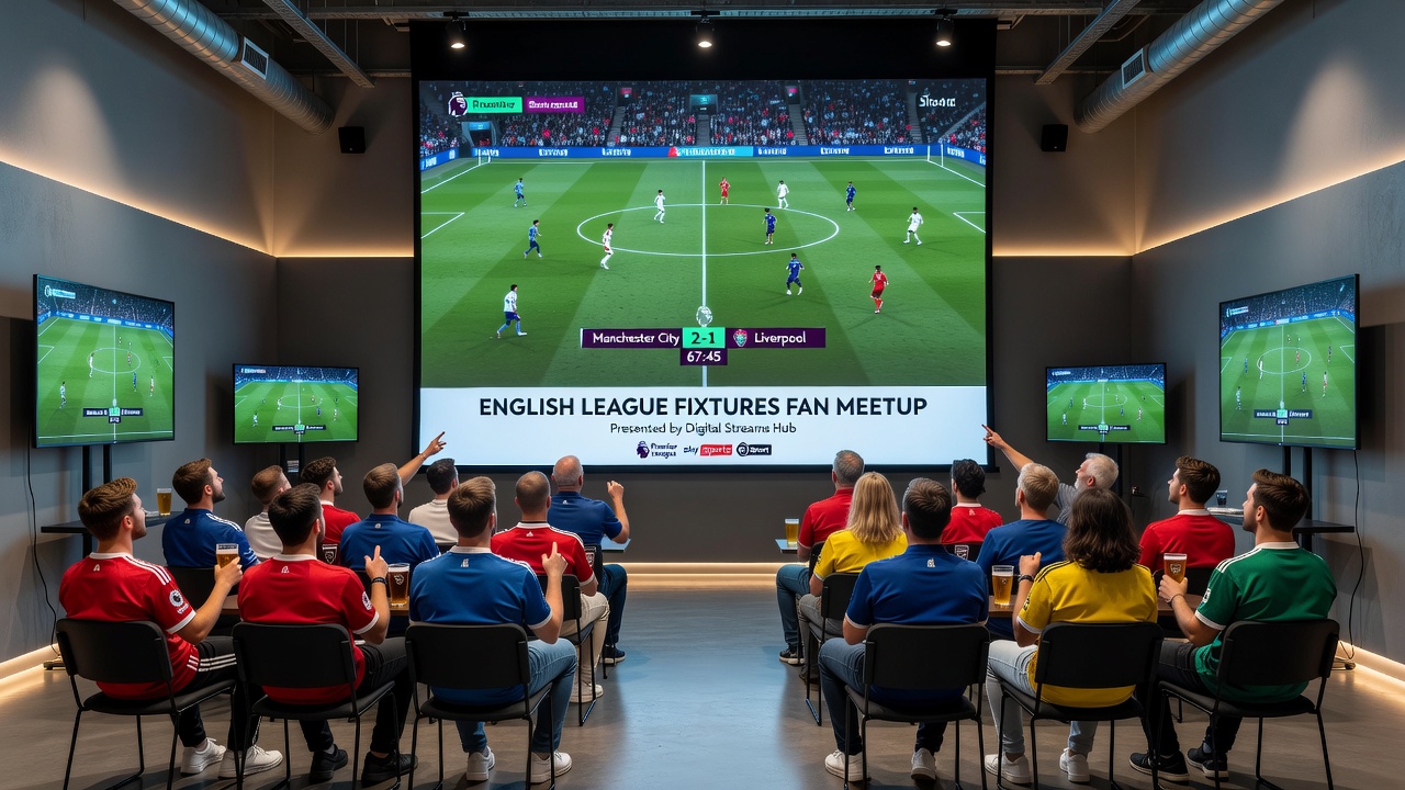 Group of supporters in a community center setting up digital streaming equipment for an English league football match meetup