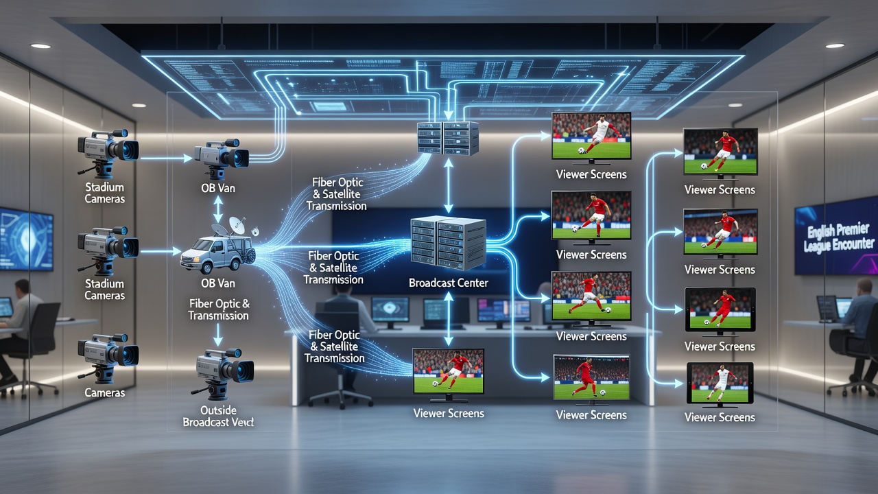 Broadcast control room monitoring multiple camera feeds and signal routing equipment for live English league coverage
